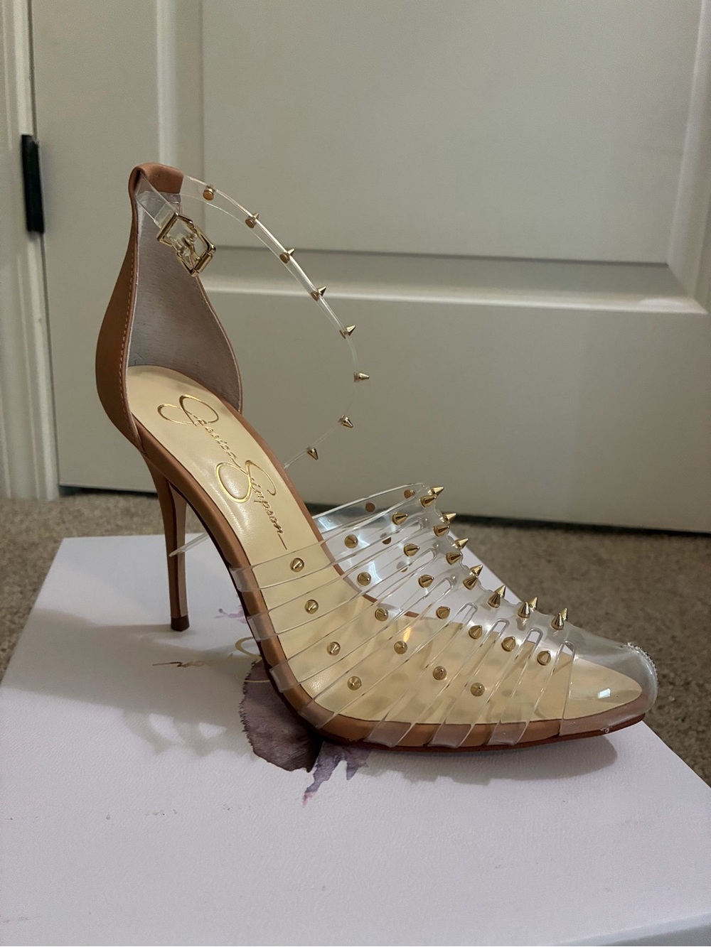 Jessica Simpson Westah Clear Nude Gold Studded Heels Pumps Size 8 NIB